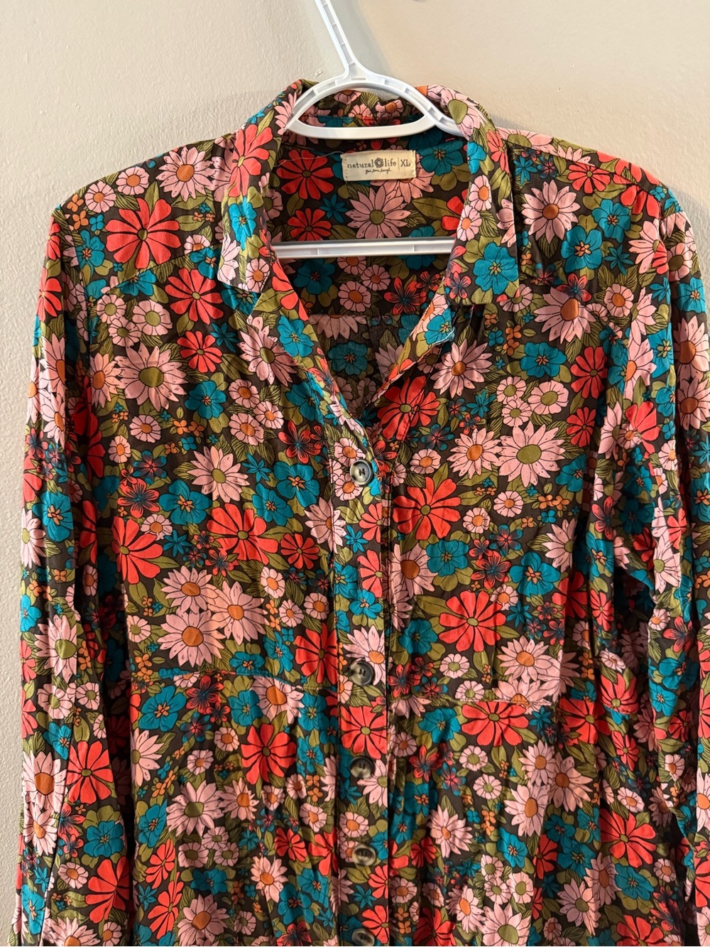 NATURAL LIFE Womens Button Down Colorful Floral Silky Tunic Boho S26 XL - Picture 3 of 12